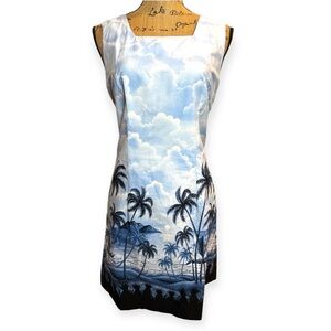 Vintage Shannon Marie Size M Blue White Tropical Palm Hawaiian Cotton Mini Dress